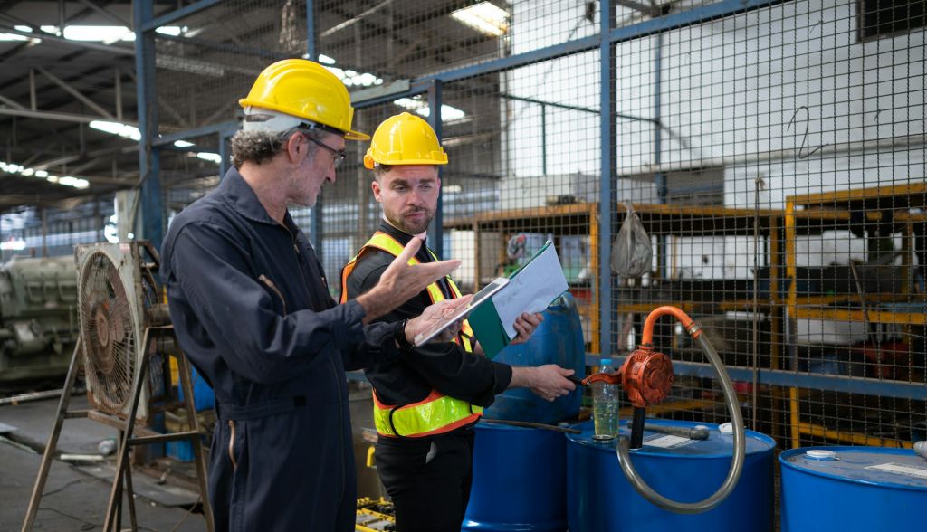 Technician and engineer inspecting and measuring the engineering values of oils